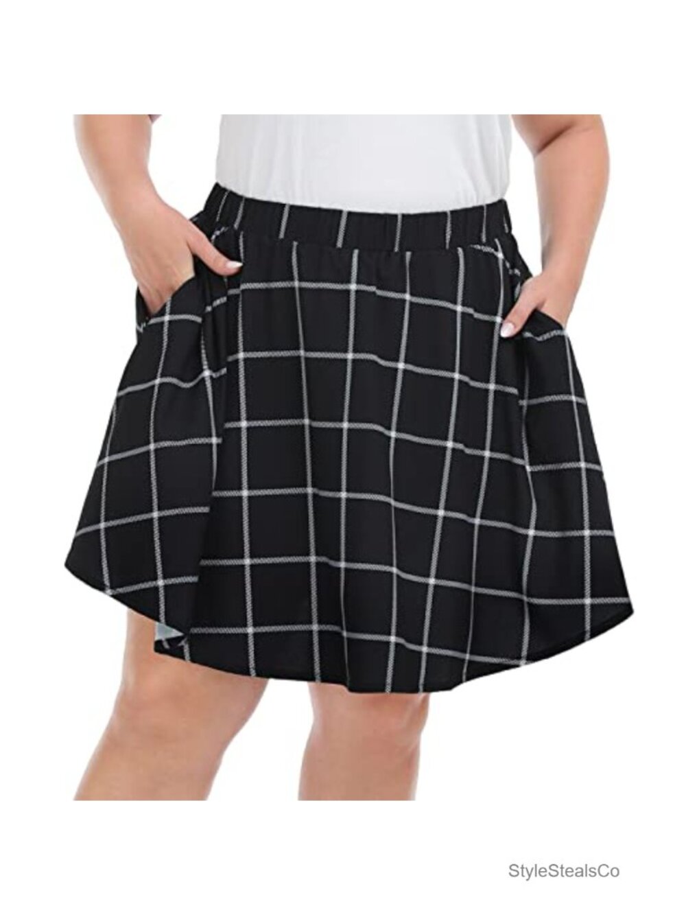 Plus Size Pleated Skater Mini Skirt Elastic Waist Flowy Pockets